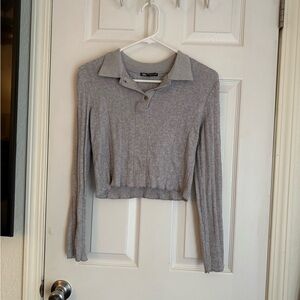 Zara Gray Fitted Crop Polo Button Down Shirt